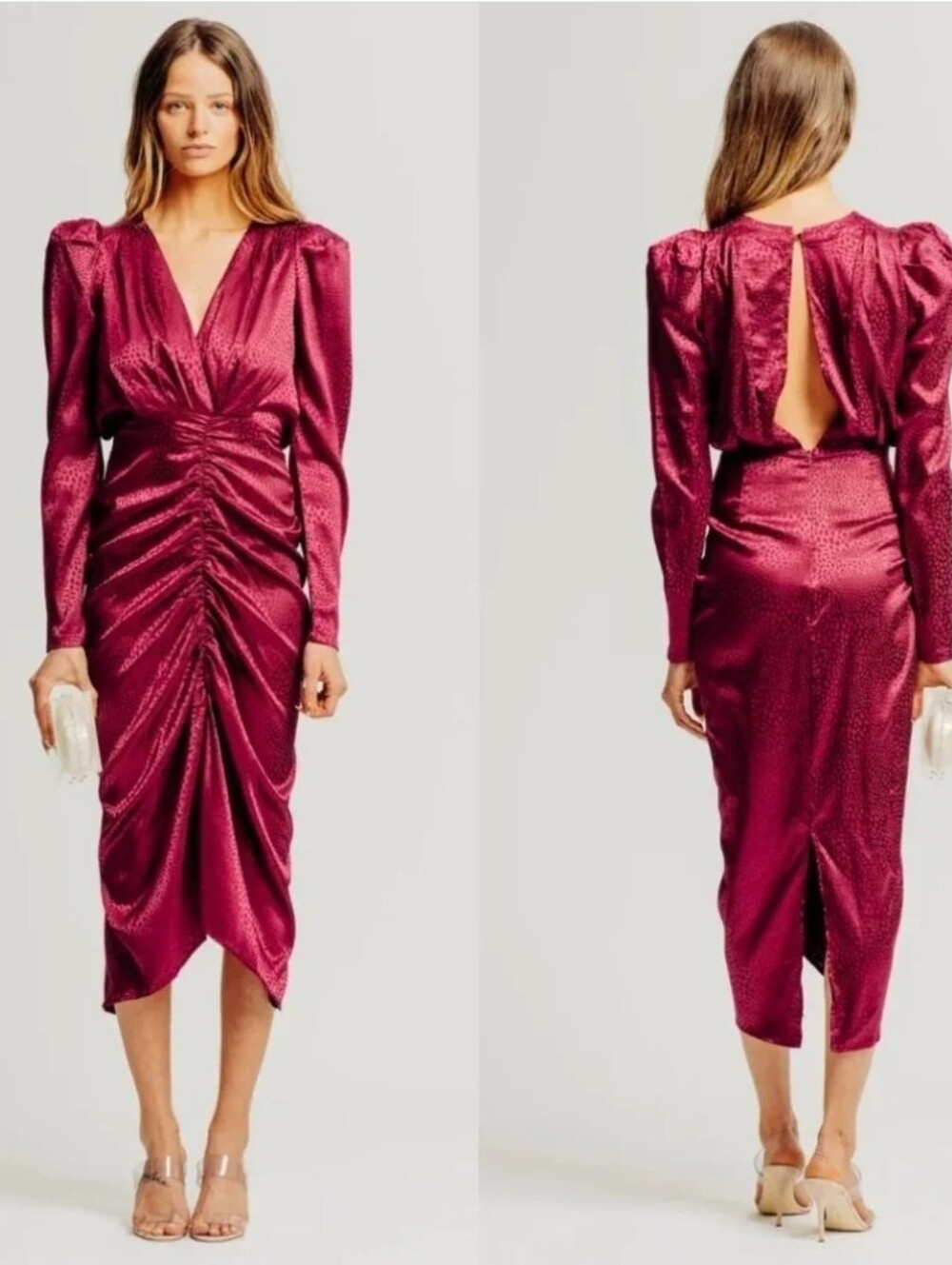 Torn by Ronny Kobo Astrid Burgundy Satin Jacquard Ruched Midi Dress Size S